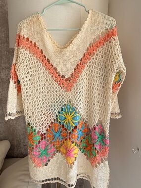 Crochet Floral Mini Dress - Cream with Multicolor Floral Accents